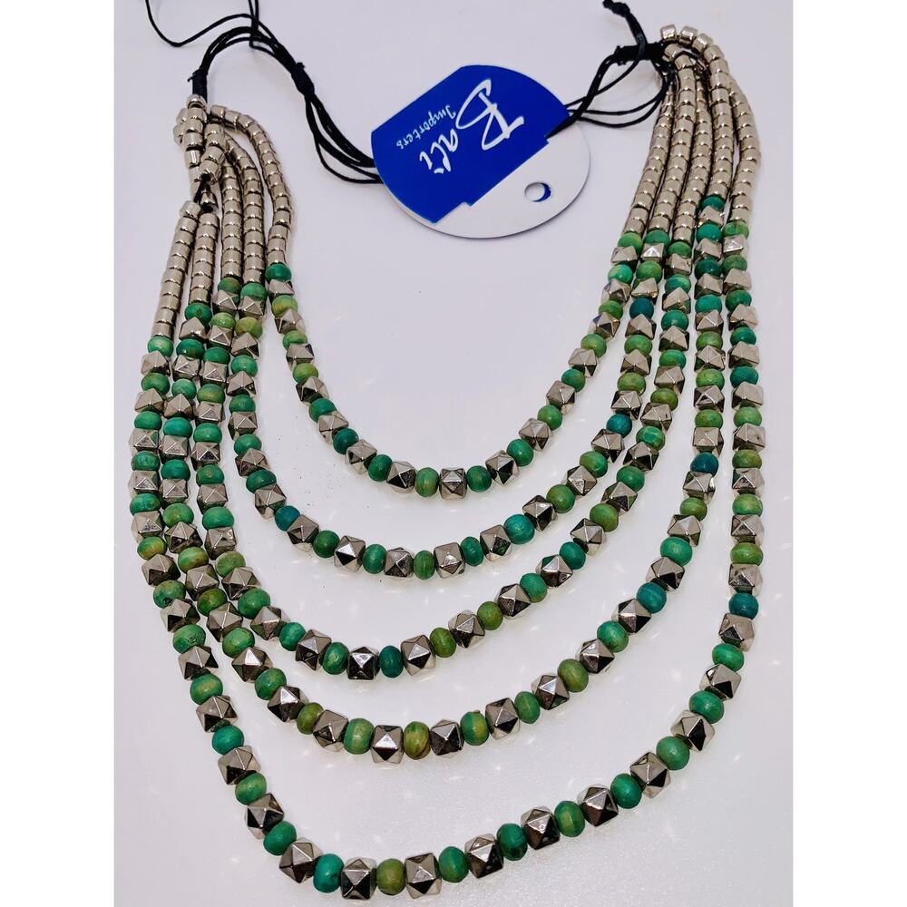 Green & Silver Colored Wood & Metal Bead Necklace 26-36"